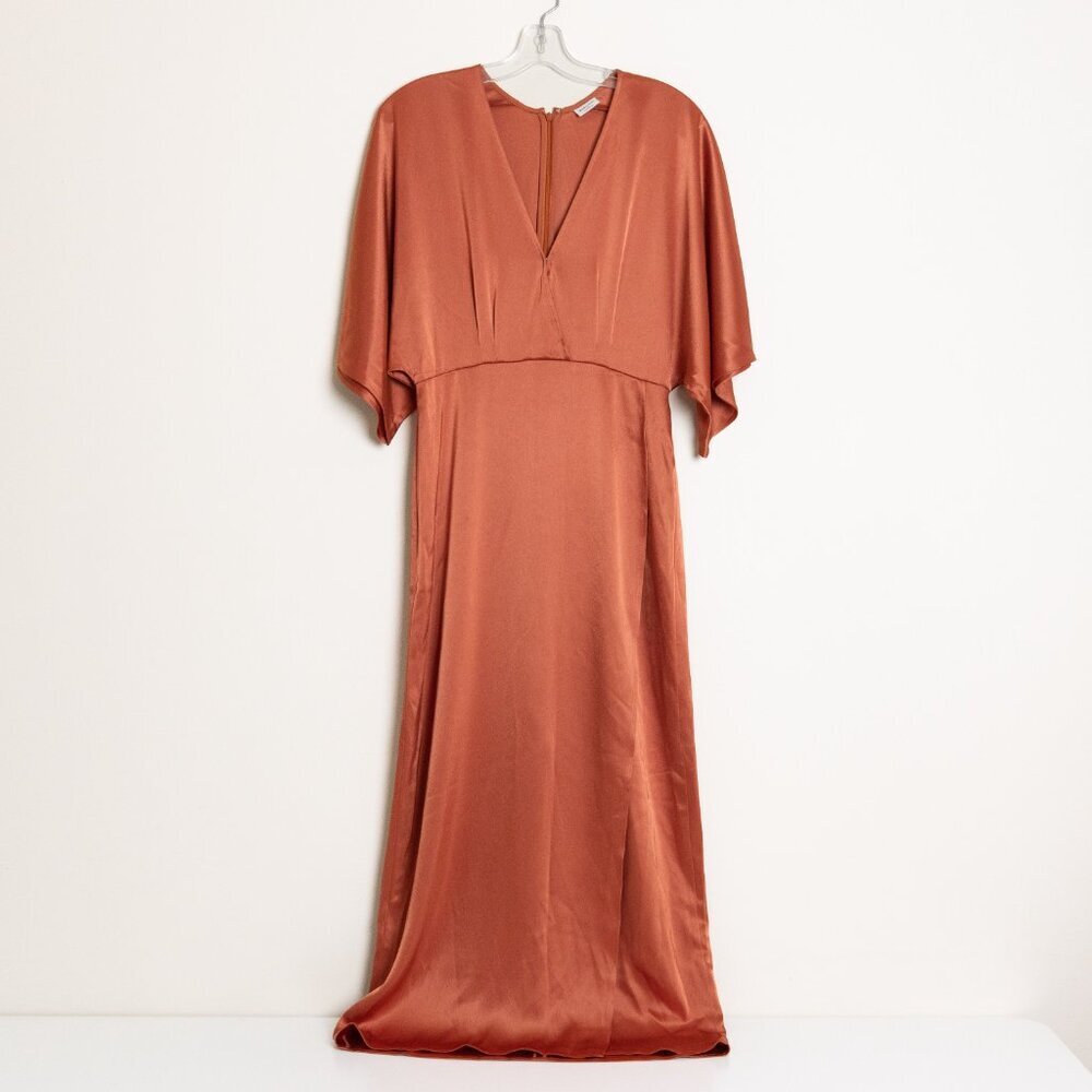 Aritzia Babaton Satin Dress Stanley Kimono Style Faux Wrap Burnt Orange  Copper - Picture 2 of 15